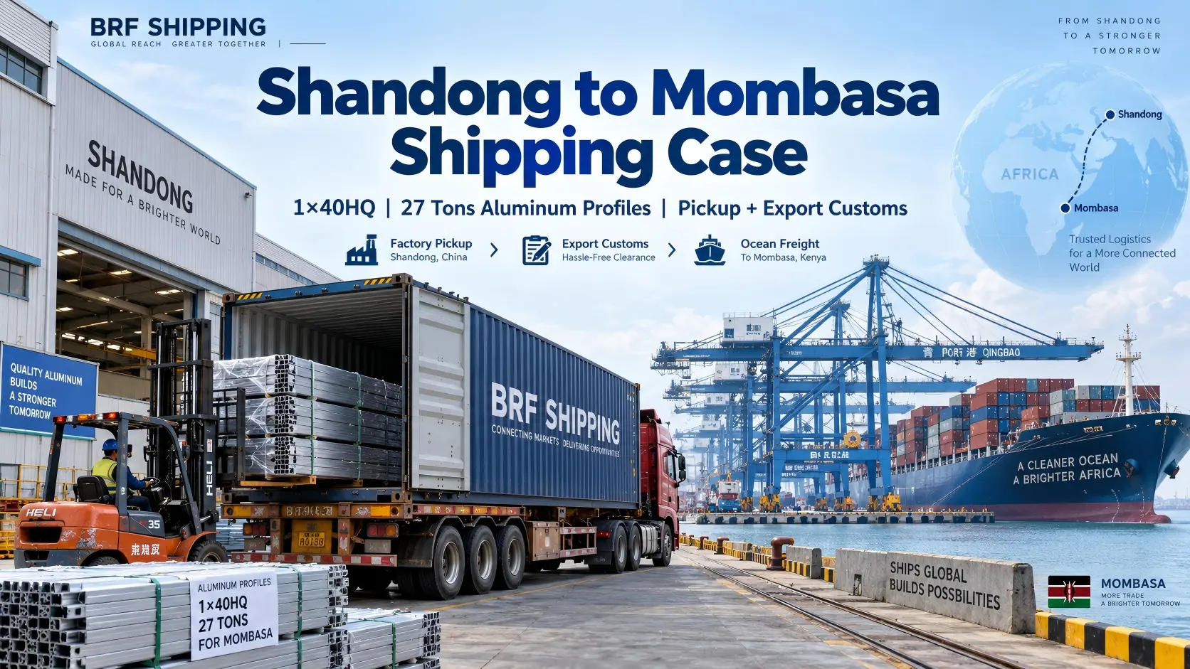 Shandong to Mombasa Shipping Case 1×40HQ Aluminum Profiles via Qingdao Port